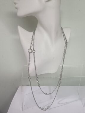 TRUE VINTAGE Silver Long Layered CRYSTAL STATION Necklace. ADJUSTABLE